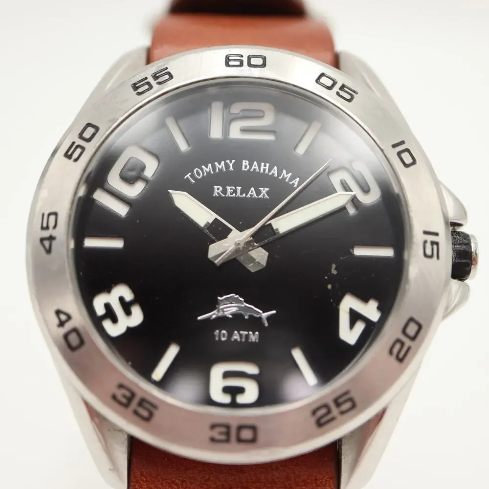 Tommy Bahama Relax Mens 44mm Watch 100M Brown Leather Strap with New Battery
